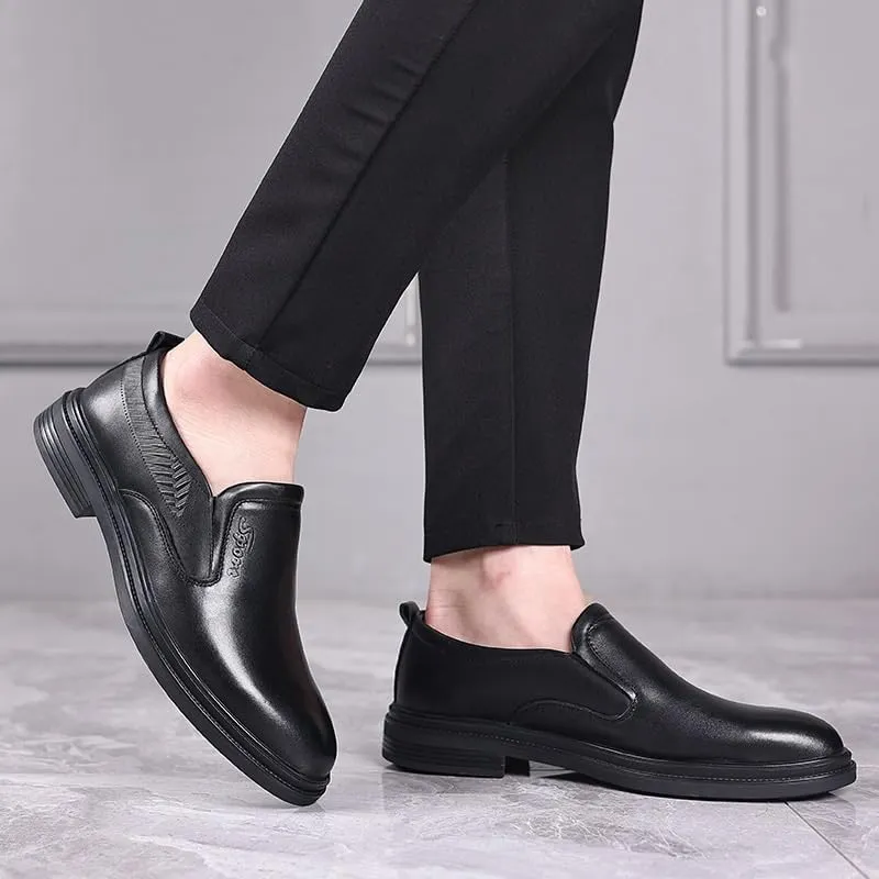 Mens Slip On Leather Business Casual Shoes Top Grain Thick Sole Soft Sole Round Toe Office Loafers Shoes