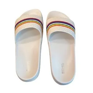 Michael Kors Gilmore Womens Slides White Leather Rainbow Sandals