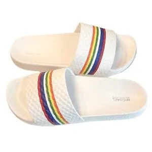 Michael Kors Gilmore Womens Slides White Leather Rainbow Sandals