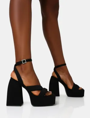 Money Honey Black Nylon Padded Square Toe Chunky Platform Block Heels
