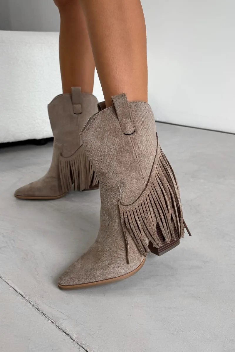 MONICA Western Tassel Cowboy Boots - Taupe