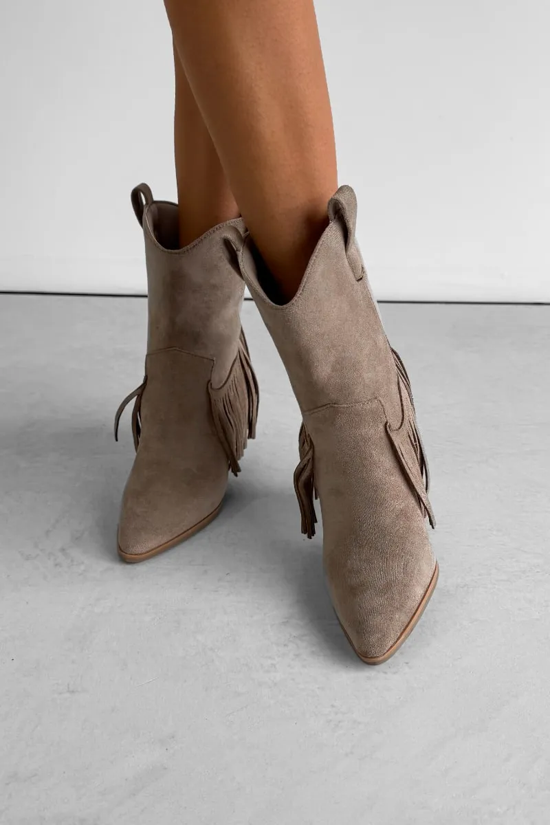 MONICA Western Tassel Cowboy Boots - Taupe