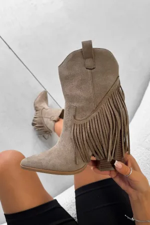 MONICA Western Tassel Cowboy Boots - Taupe