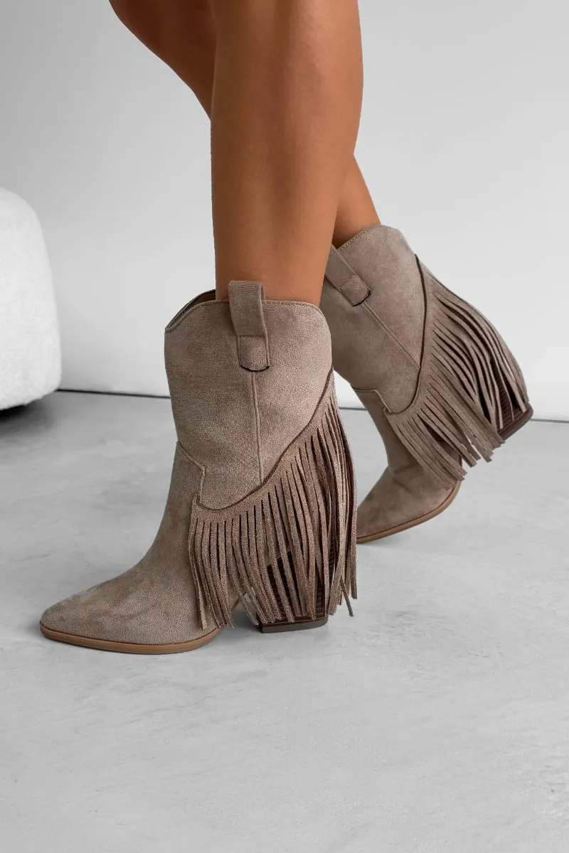 MONICA Western Tassel Cowboy Boots - Taupe