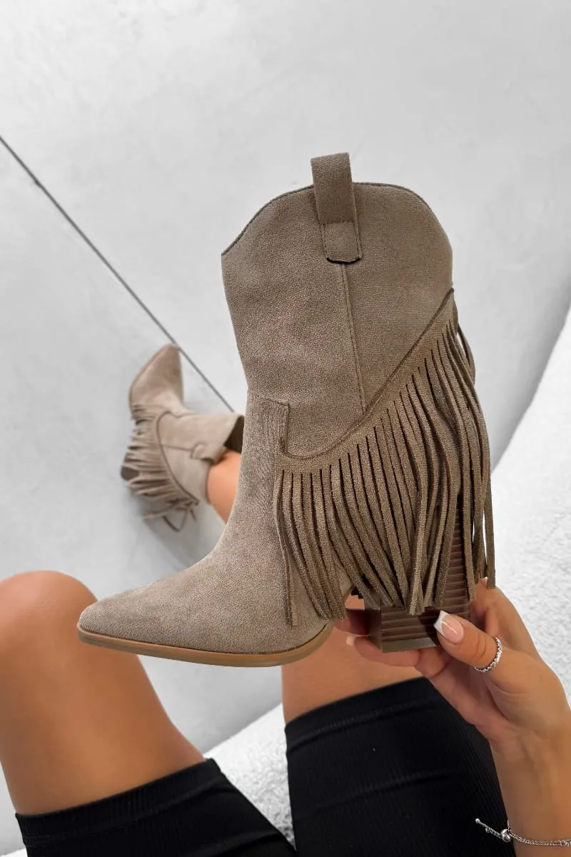 MONICA Western Tassel Cowboy Boots - Taupe