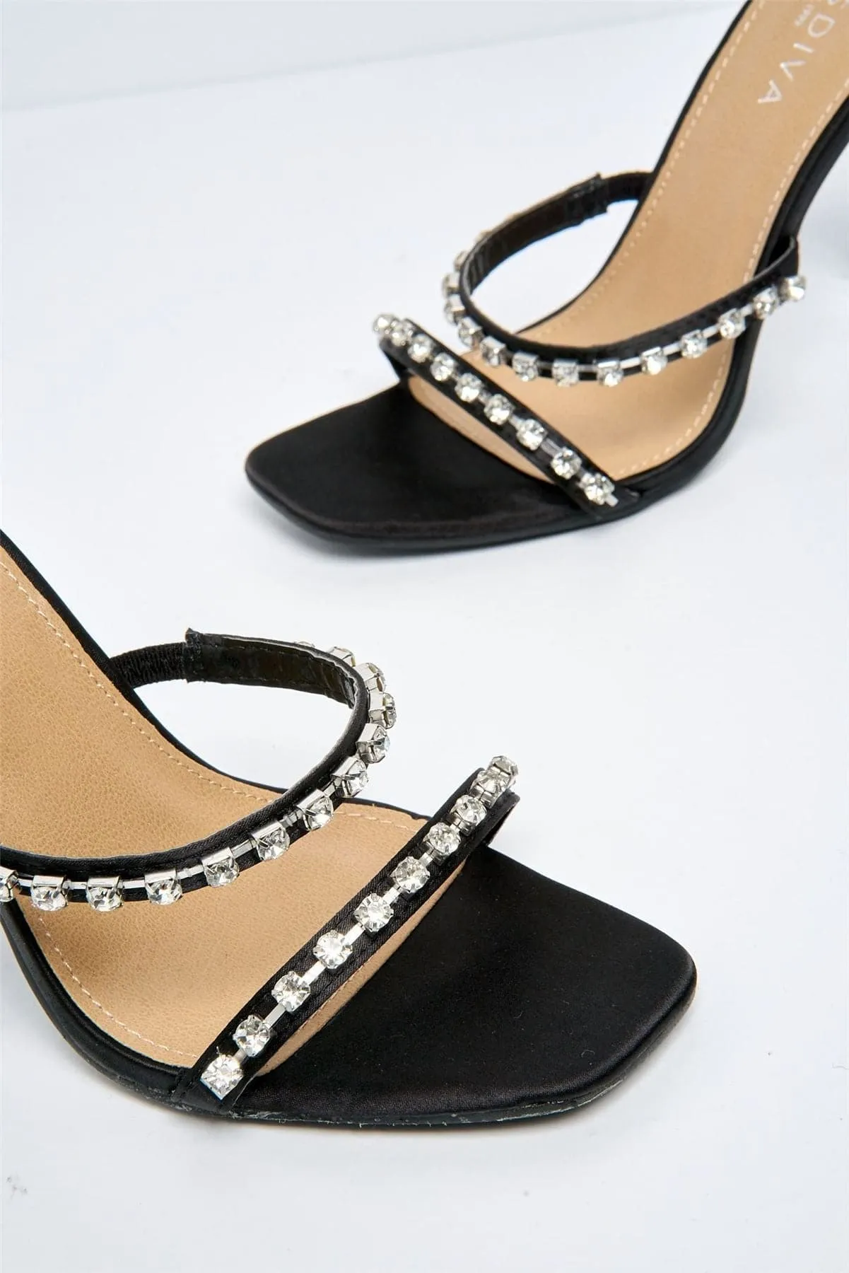 Monza Diamante Strap Flare Clear Heel in Black
