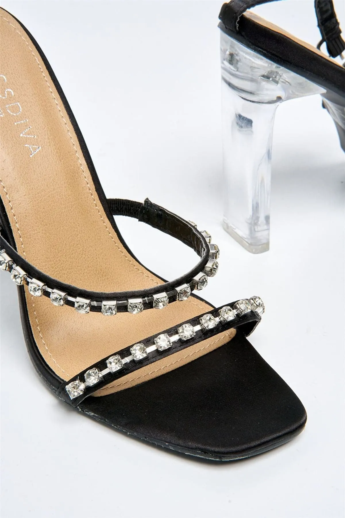 Monza Diamante Strap Flare Clear Heel in Black