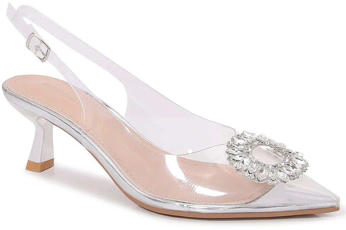 NANCY Clear Silver Pointy Toe Brooch Kitten Heel