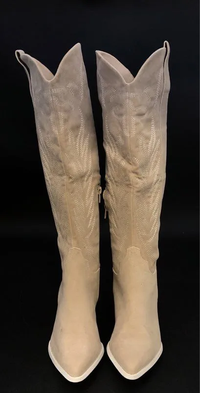 Oasis Society Women's Tan Pointed Toe Knee High Cowgirl Western Boots - Size 7.5