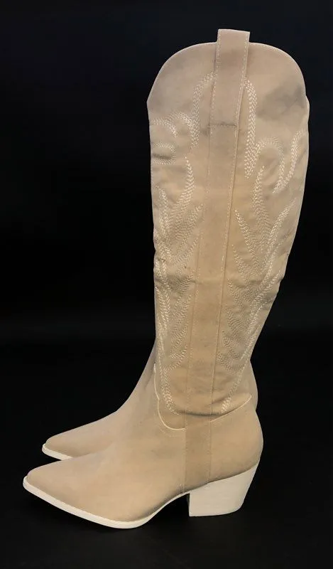 Oasis Society Women's Tan Pointed Toe Knee High Cowgirl Western Boots - Size 7.5