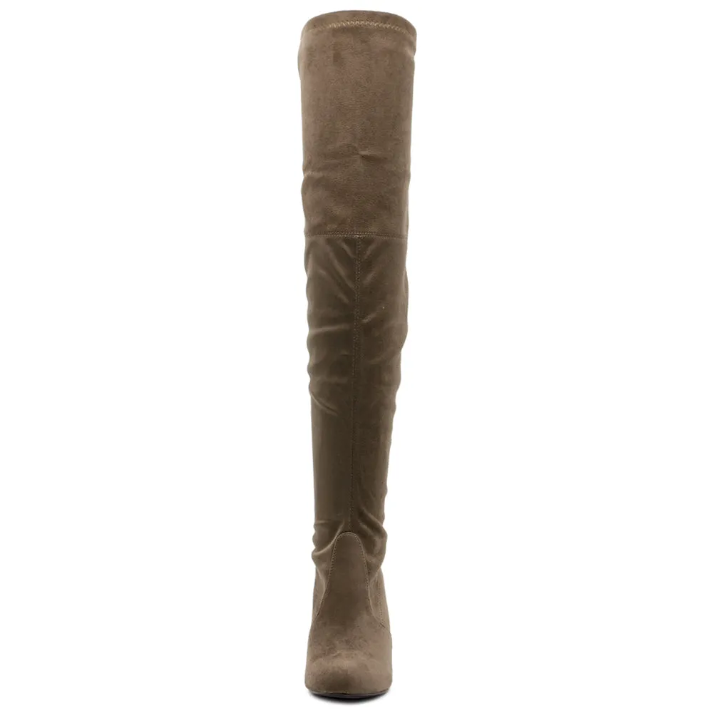 Ollio Women Shoe Drawstring Stretch Faux Suede Over The Knee Stacked Heel Long Boots