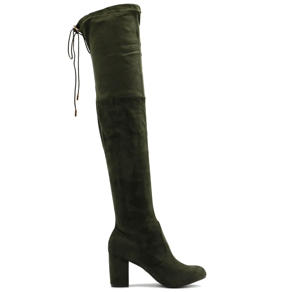 Ollio Women Shoe Drawstring Stretch Faux Suede Over The Knee Stacked Heel Long Boots