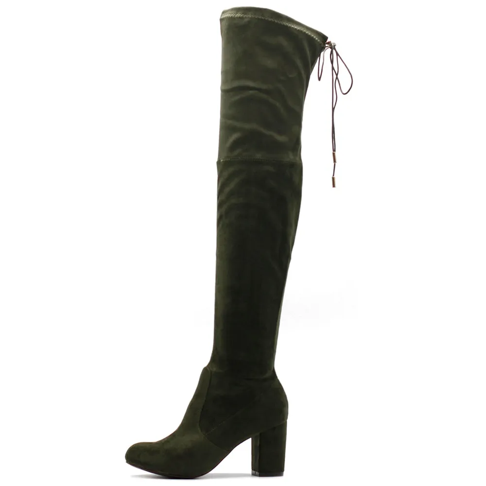Ollio Women Shoe Drawstring Stretch Faux Suede Over The Knee Stacked Heel Long Boots