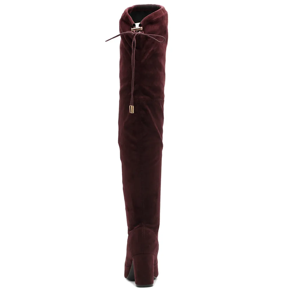 Ollio Women Shoe Drawstring Stretch Faux Suede Over The Knee Stacked Heel Long Boots