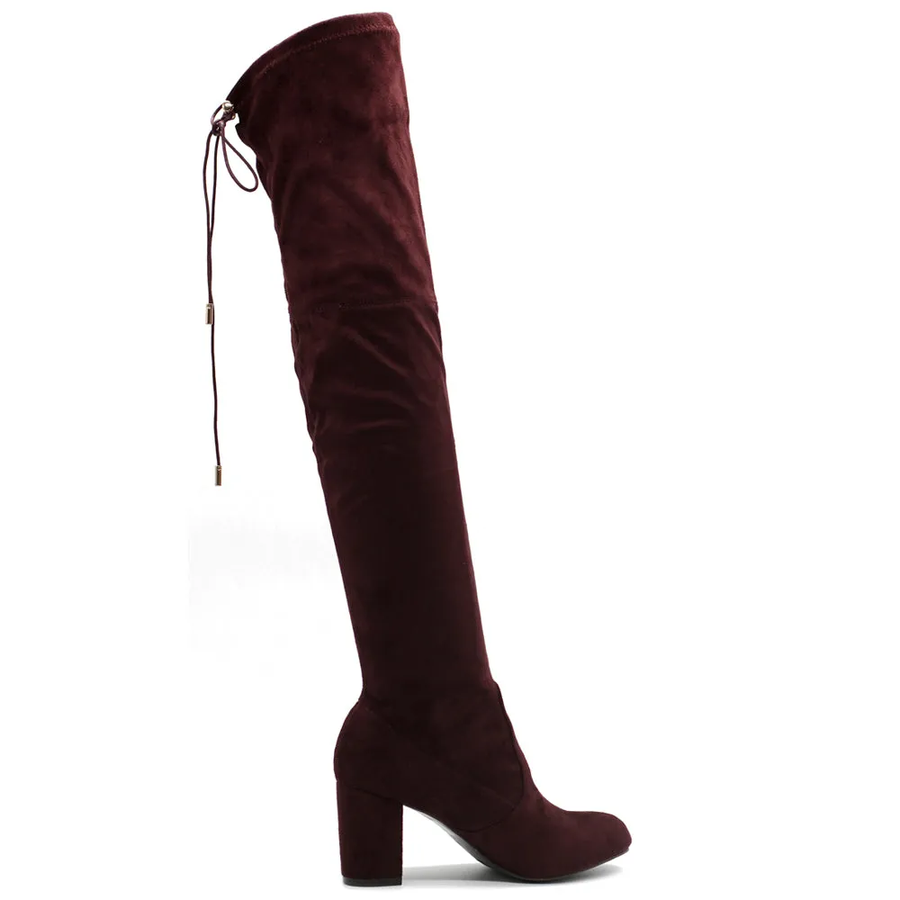 Ollio Women Shoe Drawstring Stretch Faux Suede Over The Knee Stacked Heel Long Boots