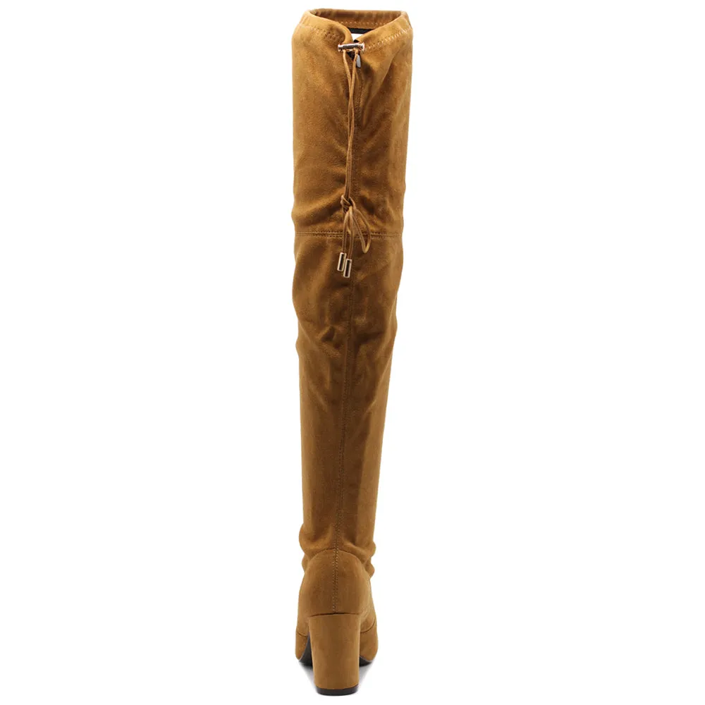 Ollio Women Shoe Drawstring Stretch Faux Suede Over The Knee Stacked Heel Long Boots