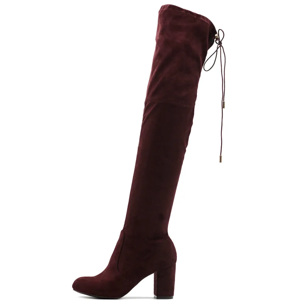 Ollio Women Shoe Drawstring Stretch Faux Suede Over The Knee Stacked Heel Long Boots