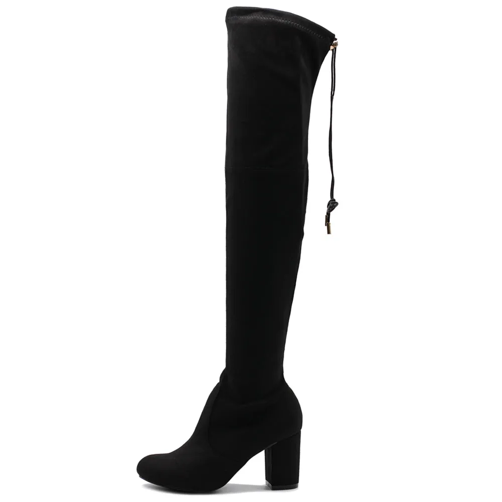 Ollio Women Shoe Drawstring Stretch Faux Suede Over The Knee Stacked Heel Long Boots