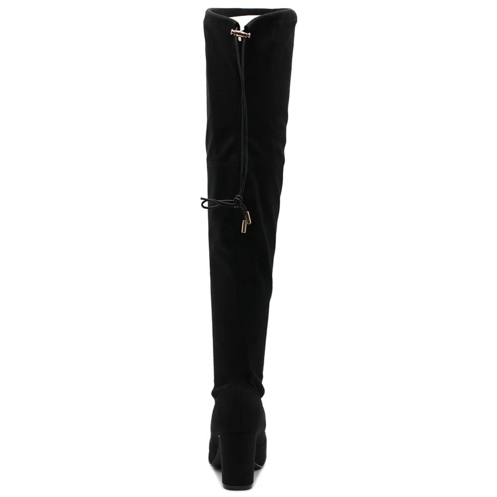 Ollio Women Shoe Drawstring Stretch Faux Suede Over The Knee Stacked Heel Long Boots