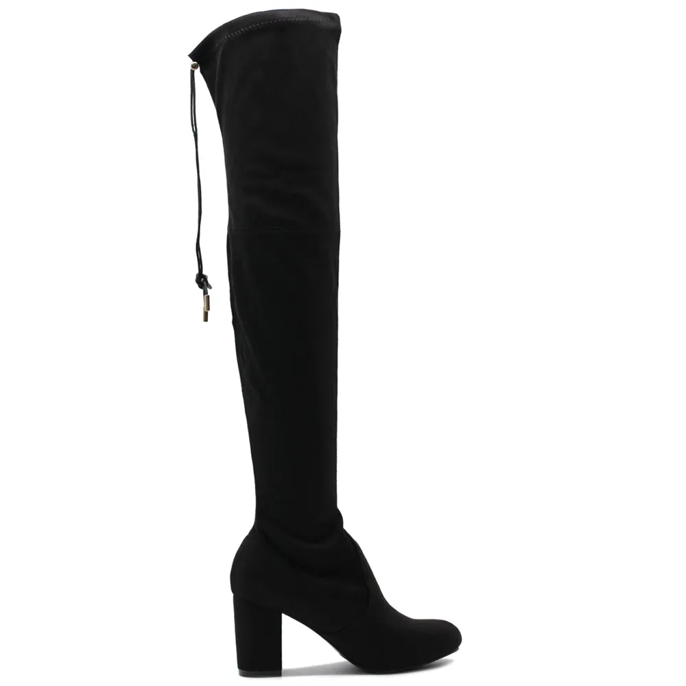 Ollio Women Shoe Drawstring Stretch Faux Suede Over The Knee Stacked Heel Long Boots