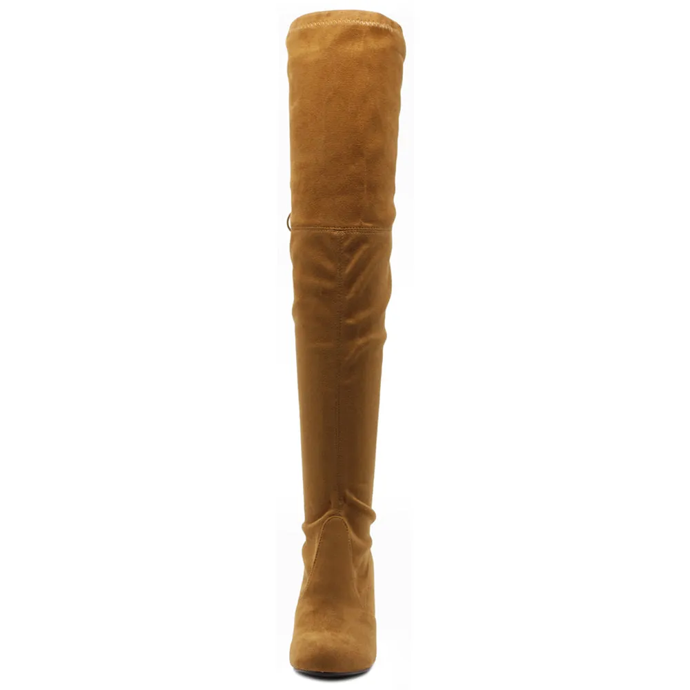 Ollio Women Shoe Drawstring Stretch Faux Suede Over The Knee Stacked Heel Long Boots