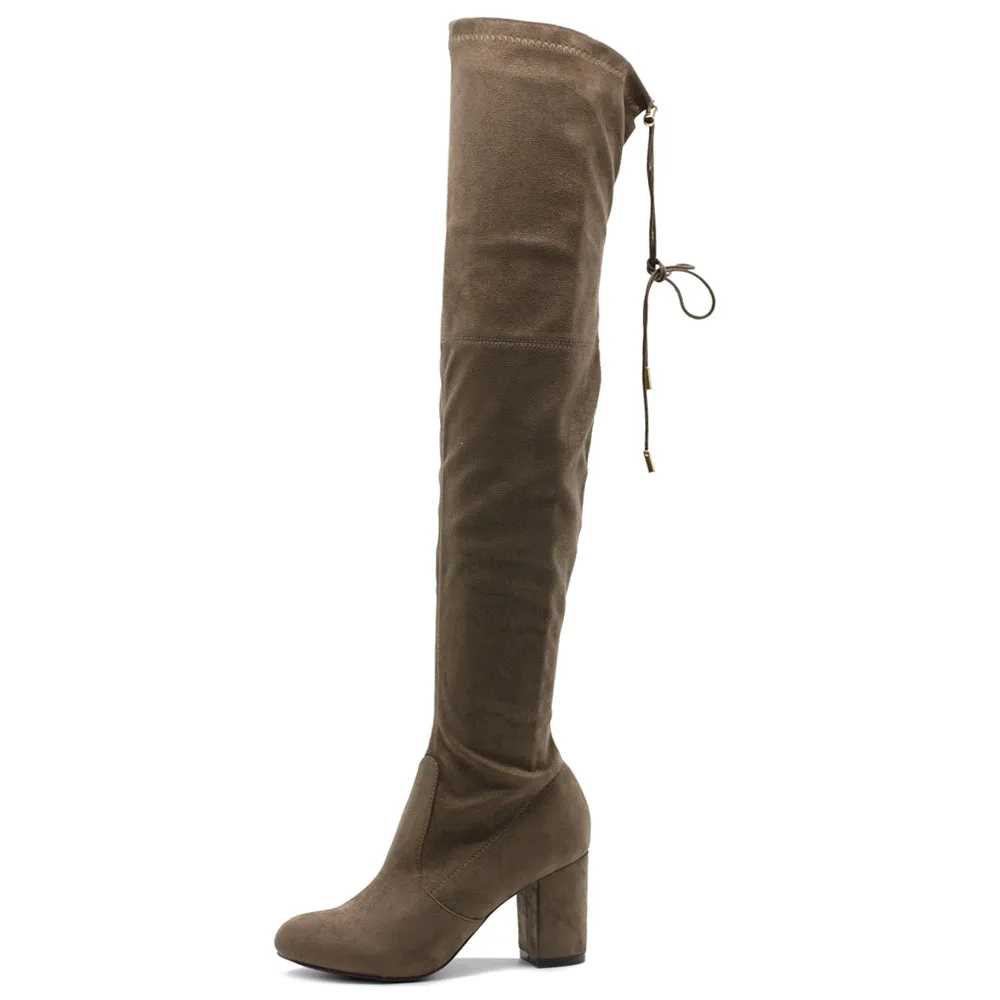 Ollio Women Shoe Drawstring Stretch Faux Suede Over The Knee Stacked Heel Long Boots
