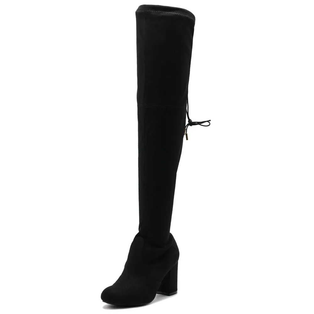 Ollio Women Shoe Drawstring Stretch Faux Suede Over The Knee Stacked Heel Long Boots