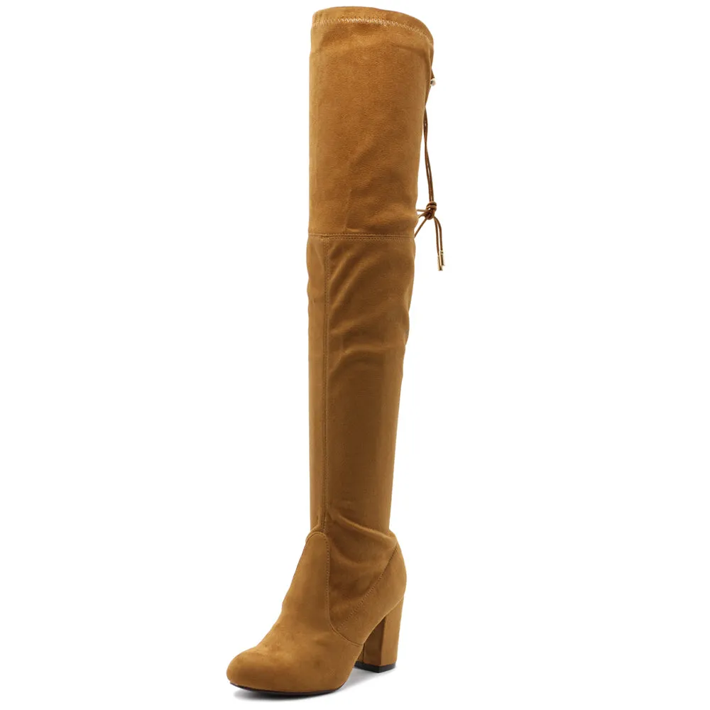 Ollio Women Shoe Drawstring Stretch Faux Suede Over The Knee Stacked Heel Long Boots