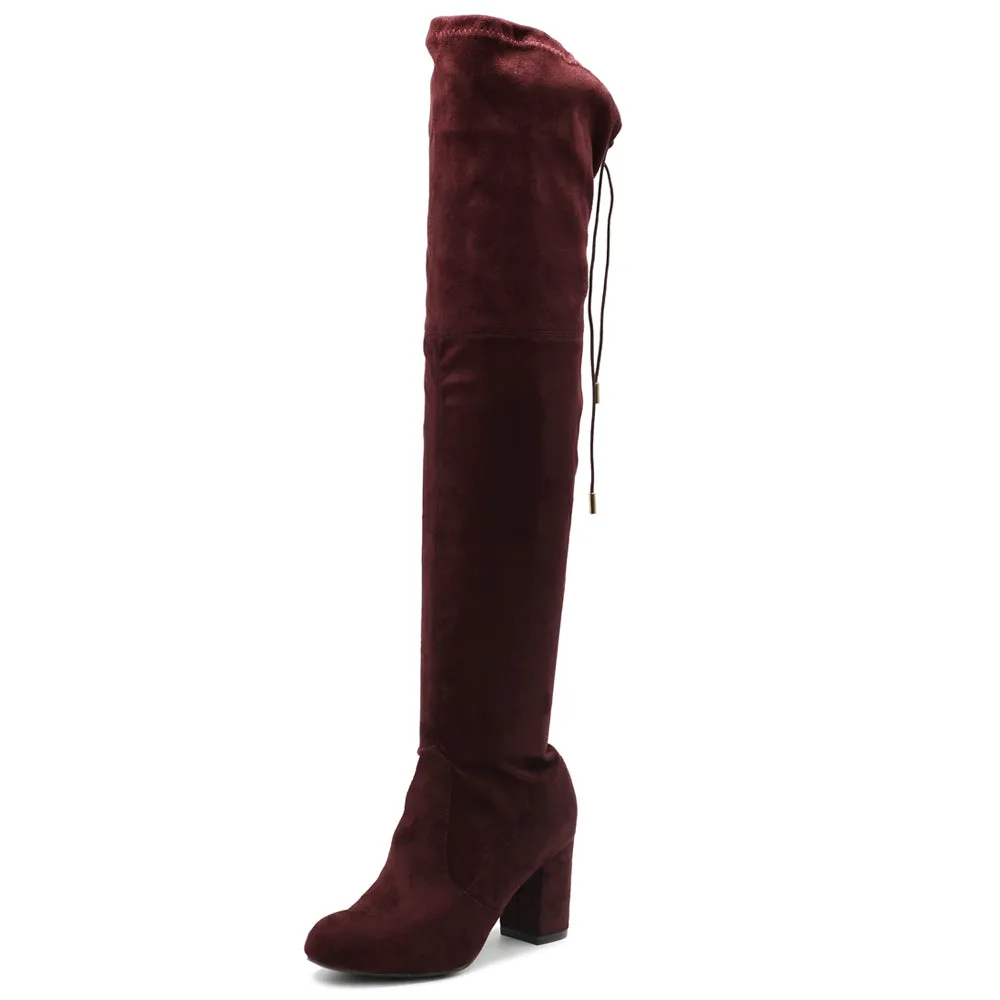 Ollio Women Shoe Drawstring Stretch Faux Suede Over The Knee Stacked Heel Long Boots