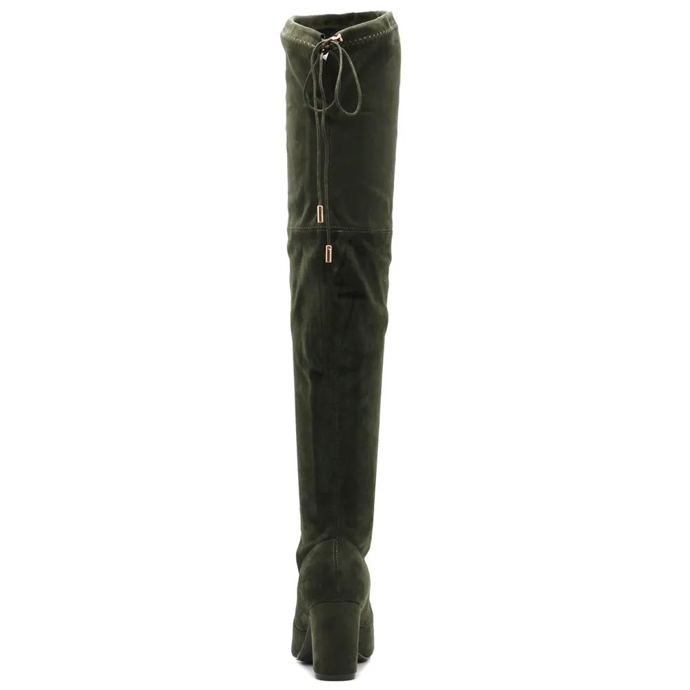 Ollio Women Shoe Drawstring Stretch Faux Suede Over The Knee Stacked Heel Long Boots