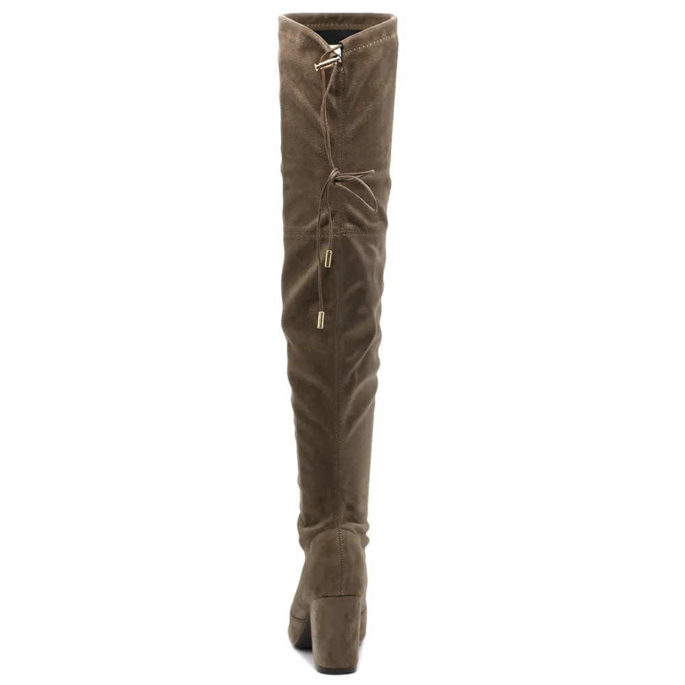 Ollio Women Shoe Drawstring Stretch Faux Suede Over The Knee Stacked Heel Long Boots