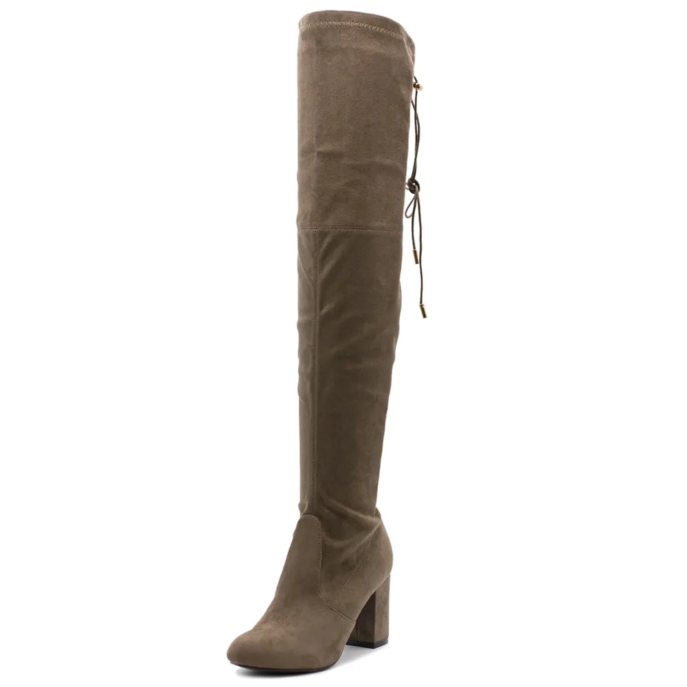 Ollio Women Shoe Drawstring Stretch Faux Suede Over The Knee Stacked Heel Long Boots