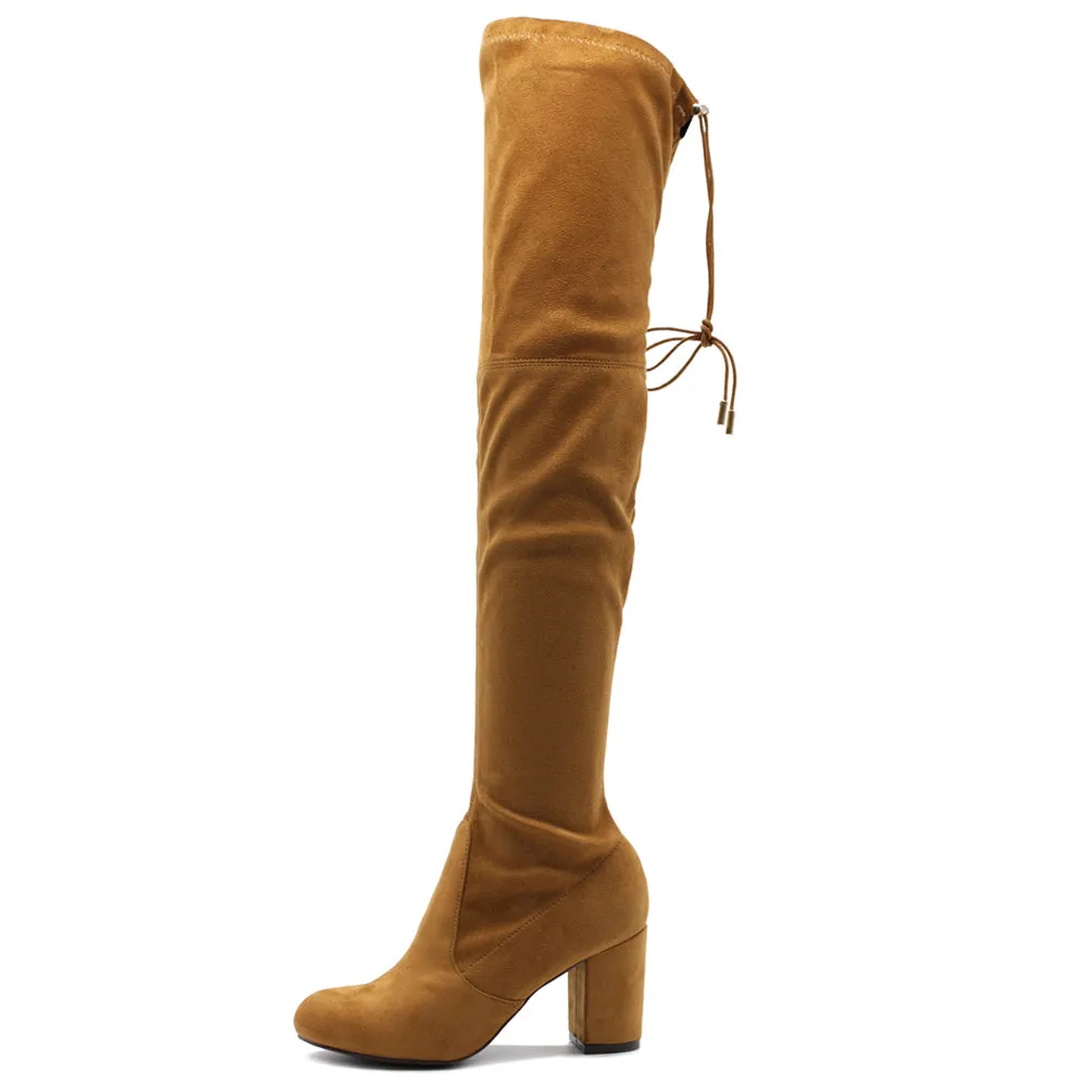 Ollio Women Shoe Drawstring Stretch Faux Suede Over The Knee Stacked Heel Long Boots