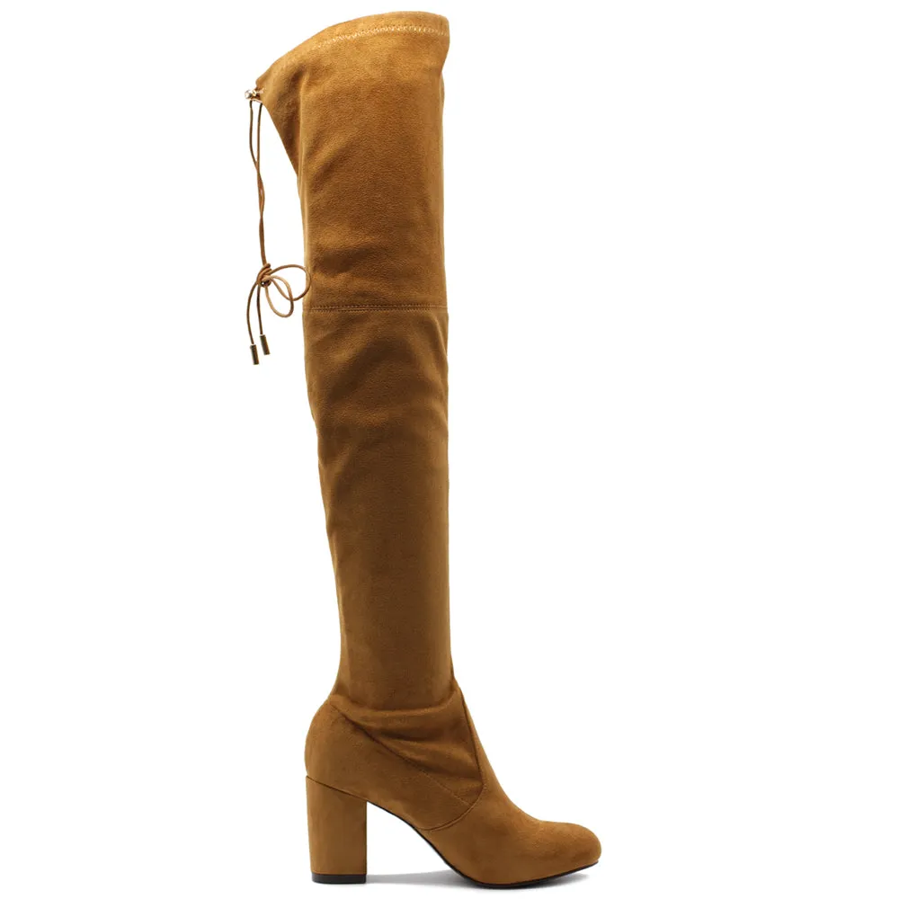 Ollio Women Shoe Drawstring Stretch Faux Suede Over The Knee Stacked Heel Long Boots