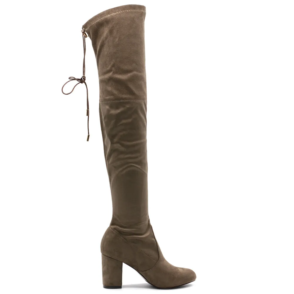 Ollio Women Shoe Drawstring Stretch Faux Suede Over The Knee Stacked Heel Long Boots