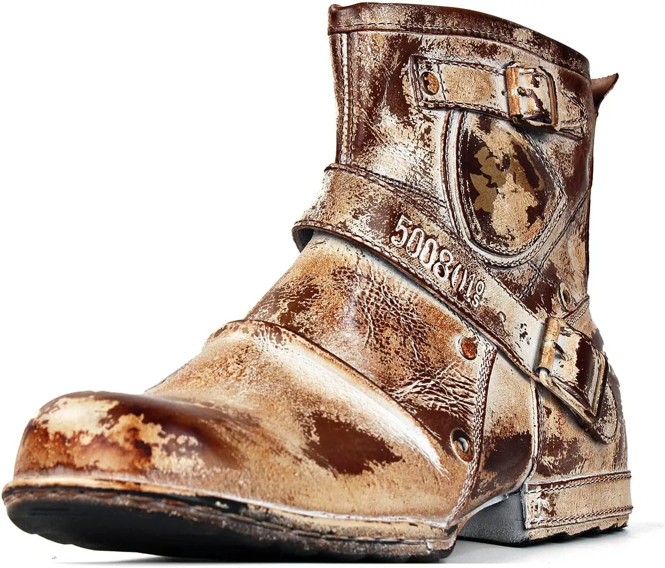 OSSTONE Moto Boots for Men Fashion Zipper-up Leather Chukka Boots Casual Shoes OS-5008-1-AI-US-R