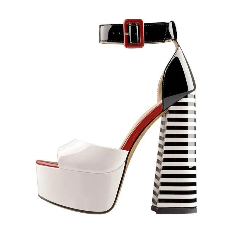 Peep Toe Chunky Square Heels Ankle Strap Shoes
