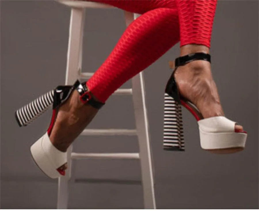 Peep Toe Chunky Square Heels Ankle Strap Shoes