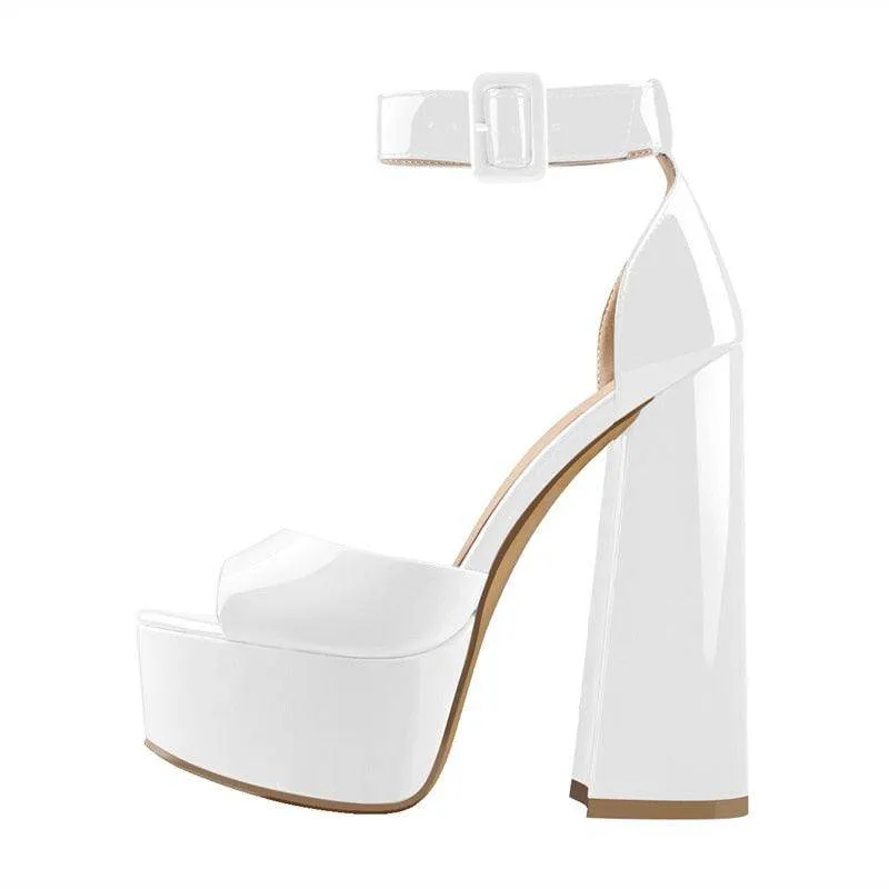 Peep Toe Chunky Square Heels Ankle Strap Shoes