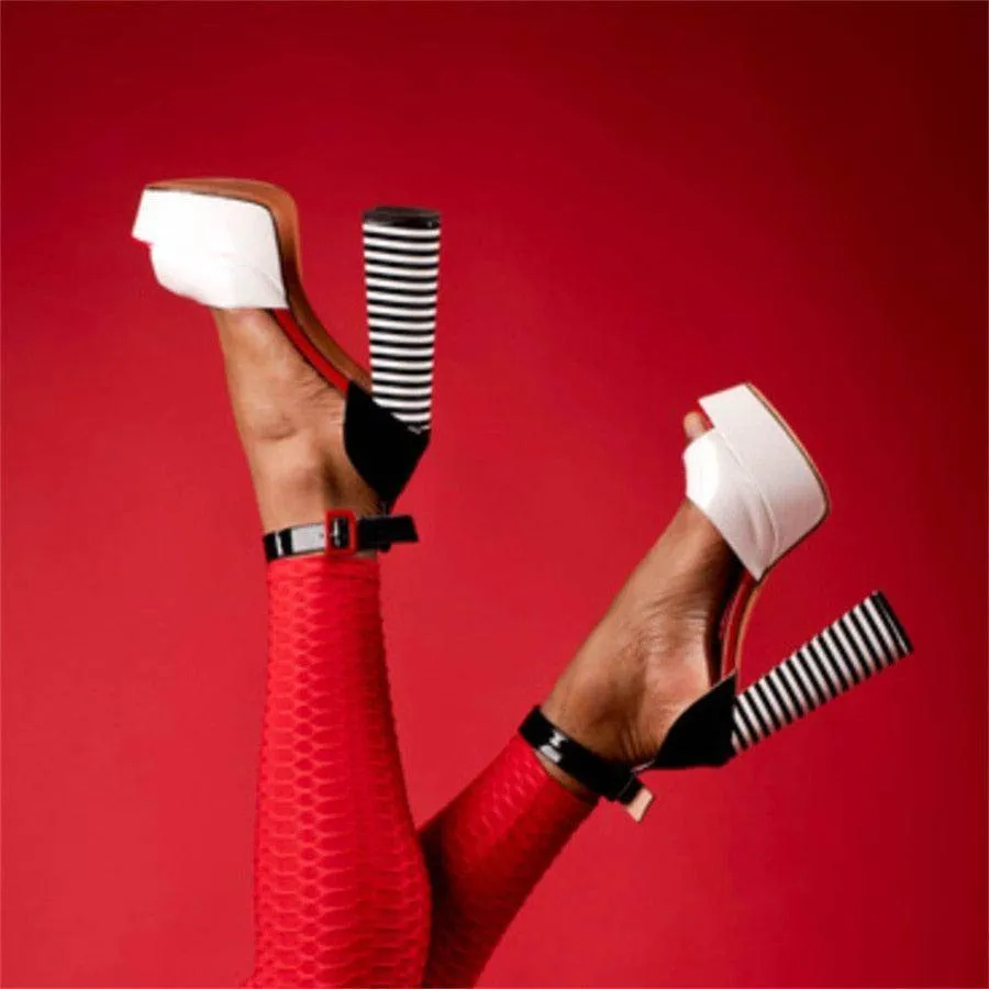 Peep Toe Chunky Square Heels Ankle Strap Shoes