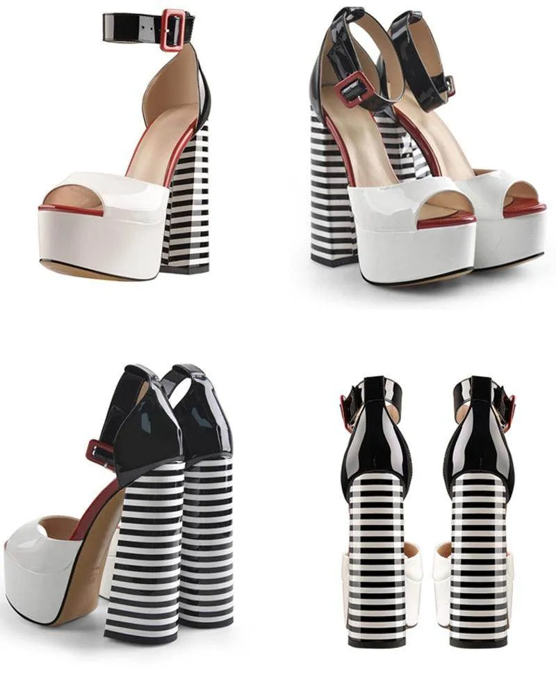 Peep Toe Chunky Square Heels Ankle Strap Shoes