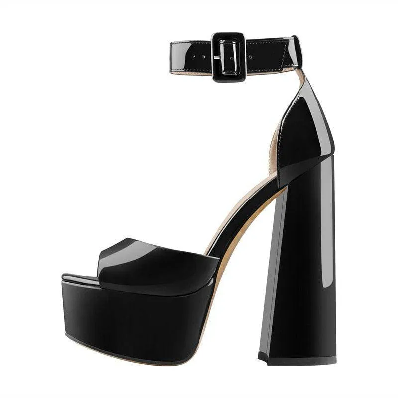 Peep Toe Chunky Square Heels Ankle Strap Shoes