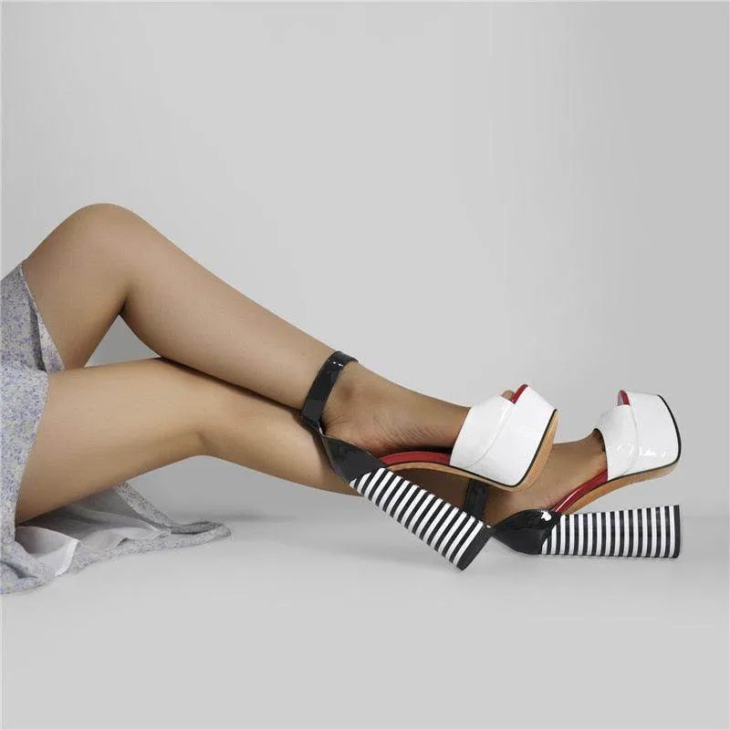 Peep Toe Chunky Square Heels Ankle Strap Shoes