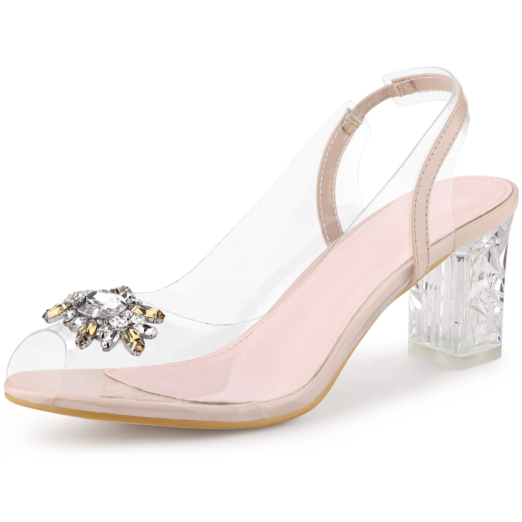 Perphy Clear Slingback Rhinestone Peep Toe Block Heels Sandals