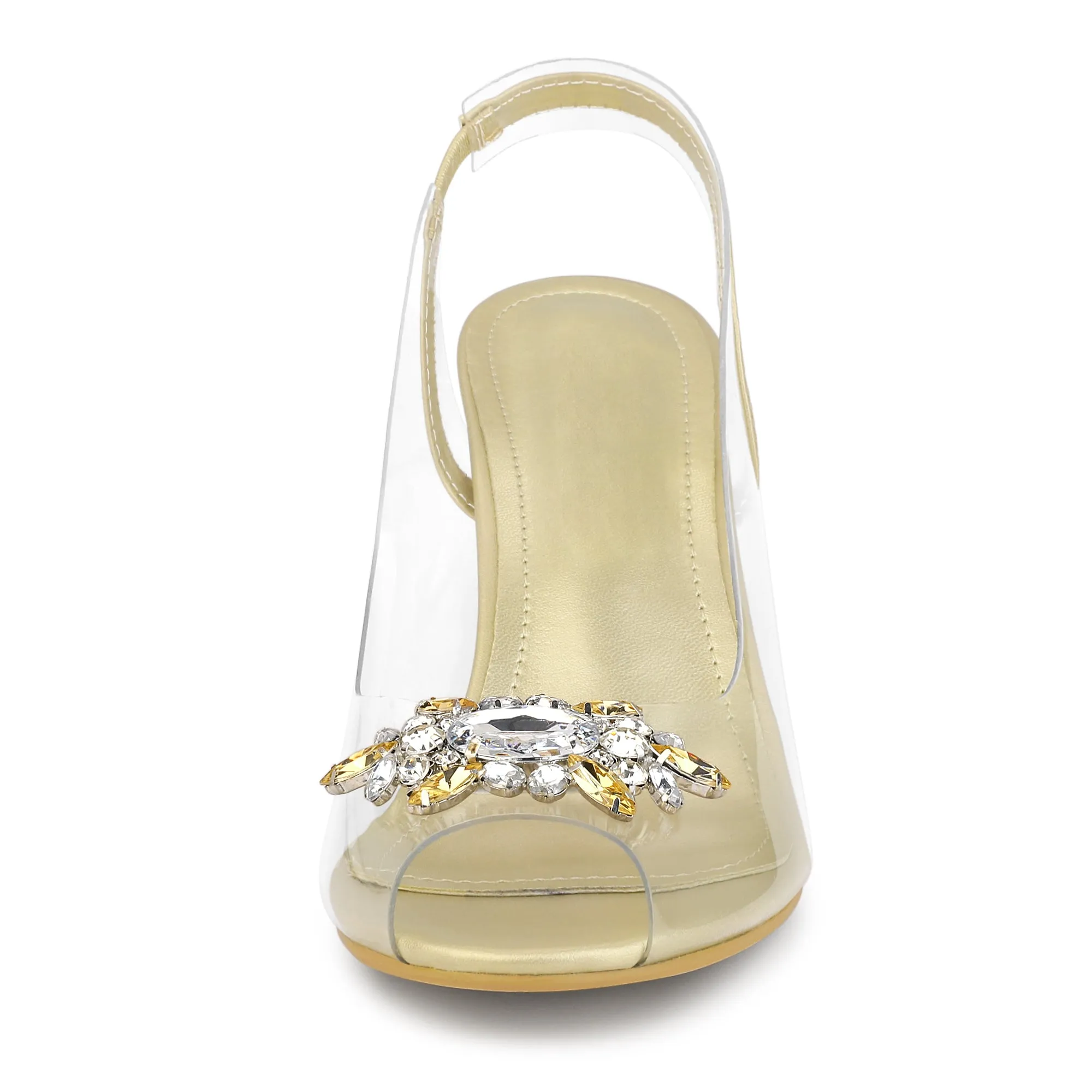Perphy Clear Slingback Rhinestone Peep Toe Block Heels Sandals