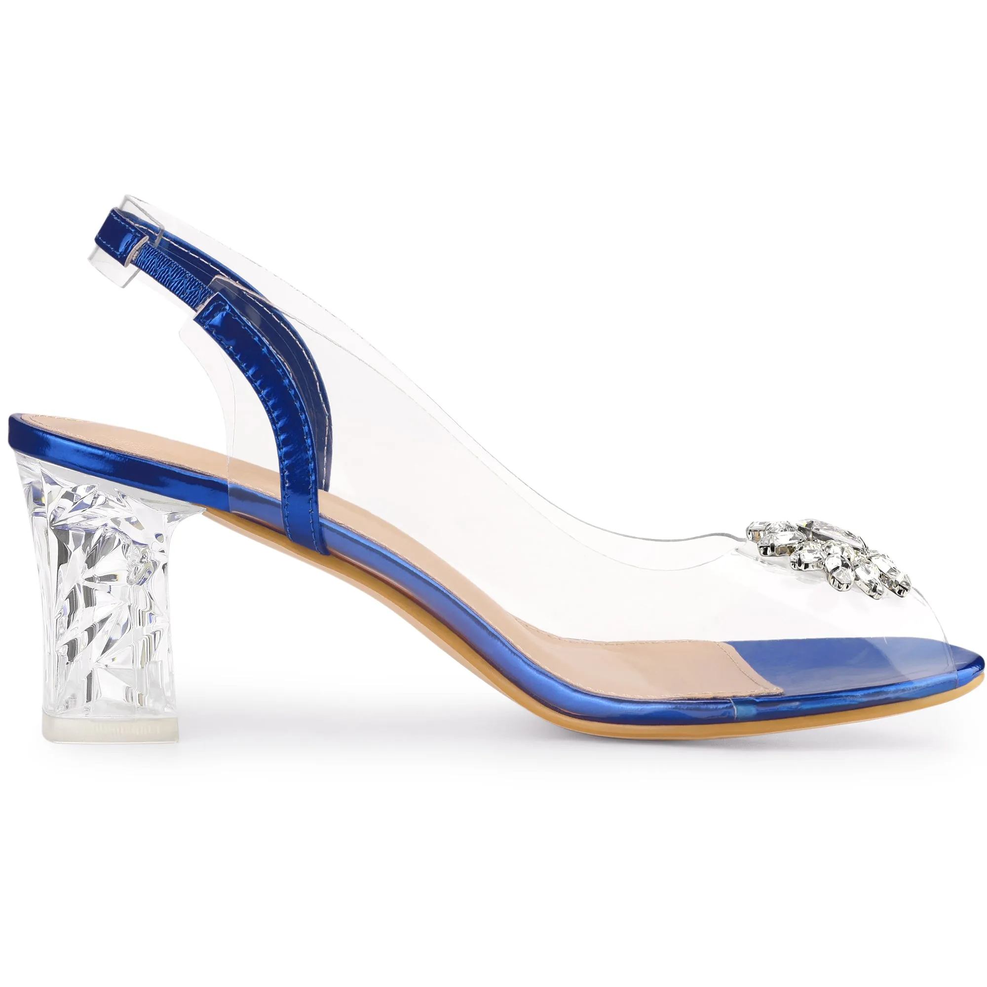 Perphy Clear Slingback Rhinestone Peep Toe Block Heels Sandals