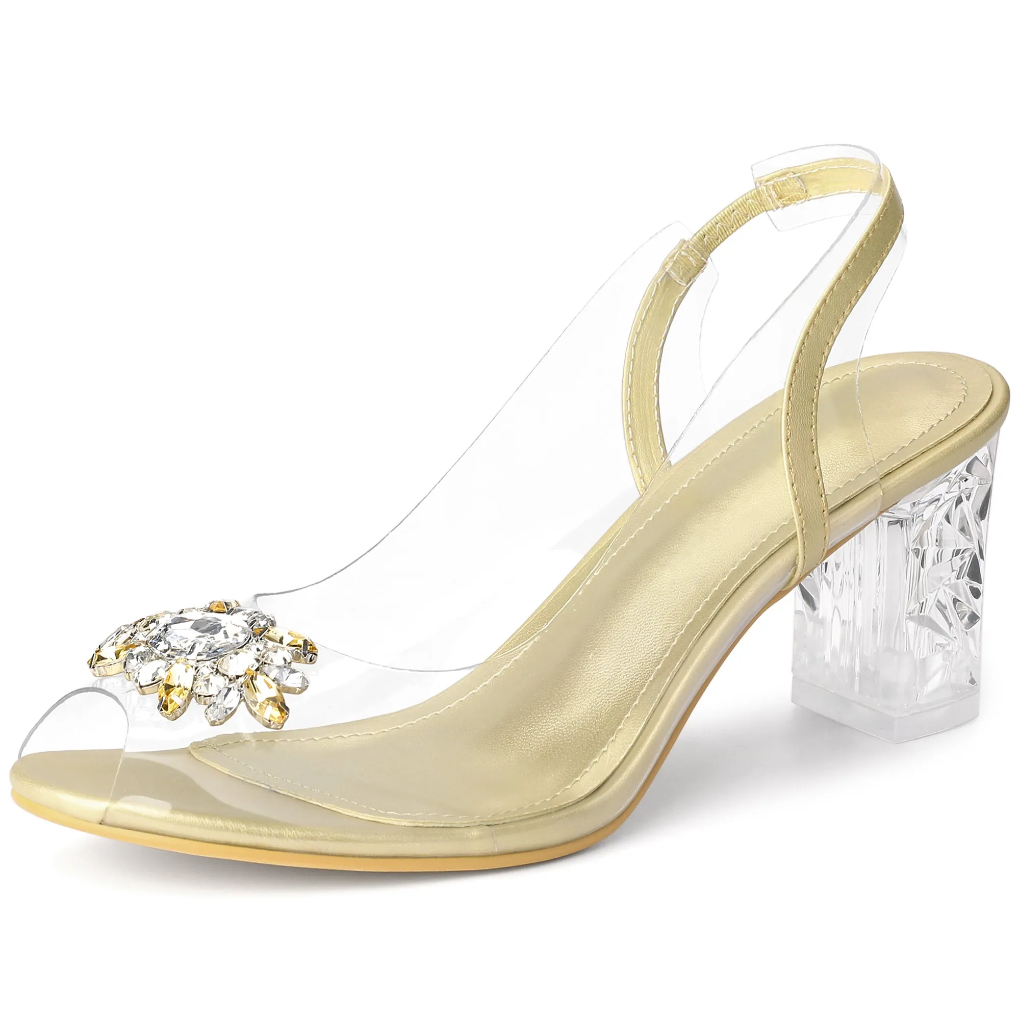 Perphy Clear Slingback Rhinestone Peep Toe Block Heels Sandals