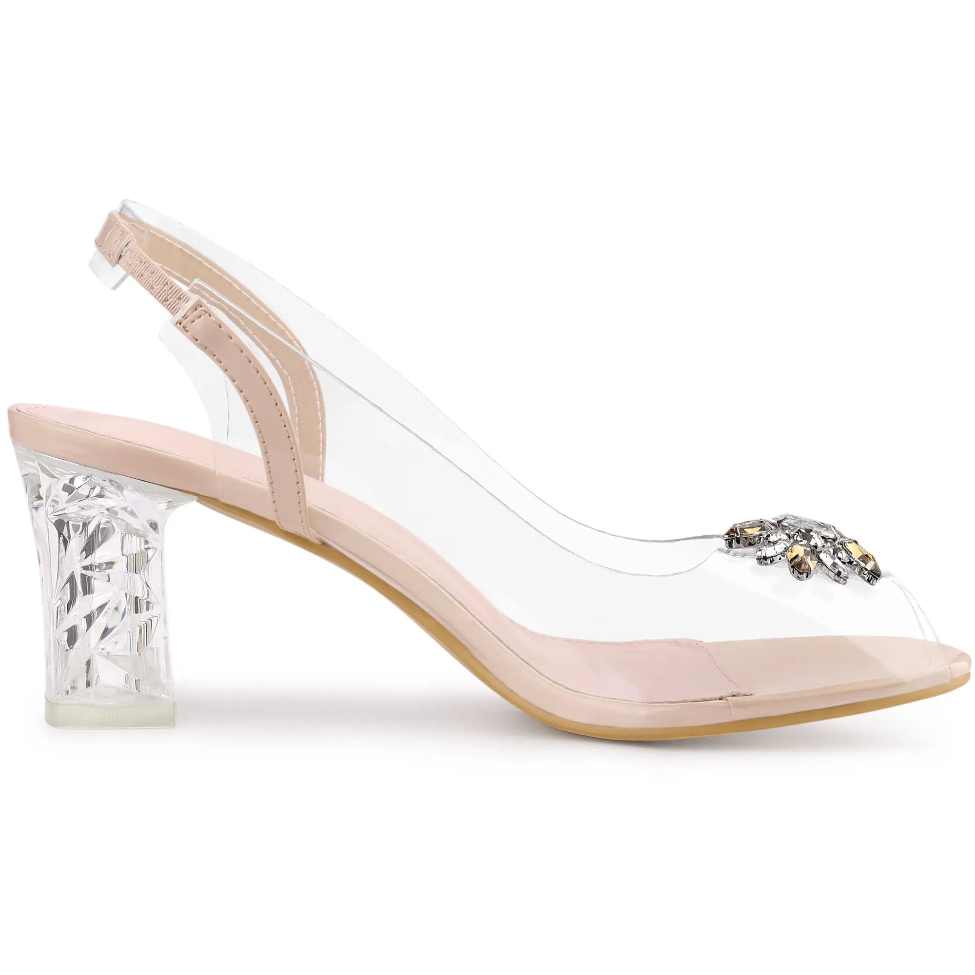 Perphy Clear Slingback Rhinestone Peep Toe Block Heels Sandals