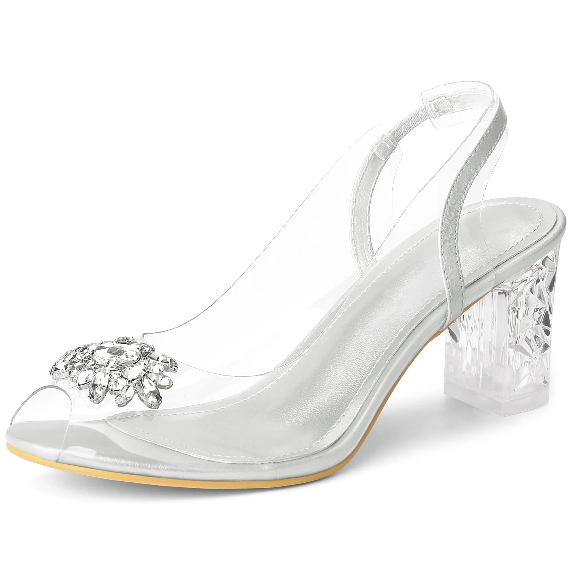Perphy Clear Slingback Rhinestone Peep Toe Block Heels Sandals