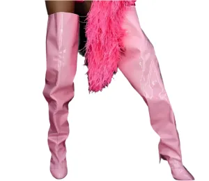 Pink Thigh High Pointed Toe Stiletto Heels Over The Knee Boots Back Zip Thin High Heels Long Botas De Mujer Boots